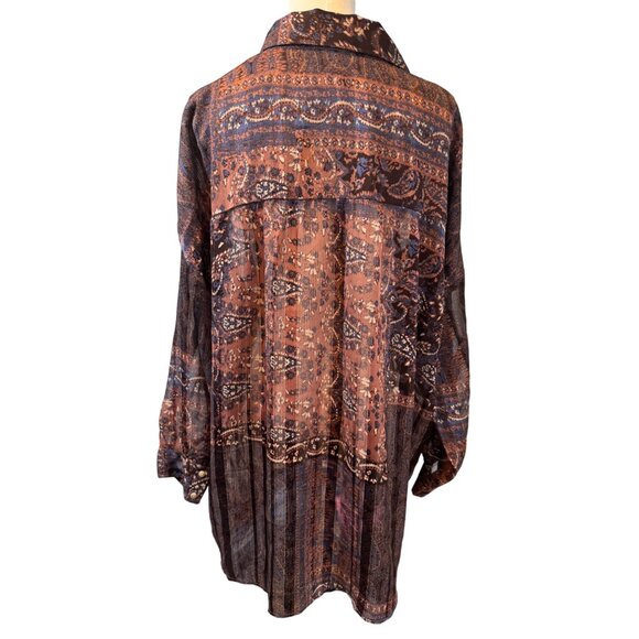 ZARA M Bohemian Brown Rust Blue Print Dolman Sleeve Button-Down Blouse - Picture 5 of 16